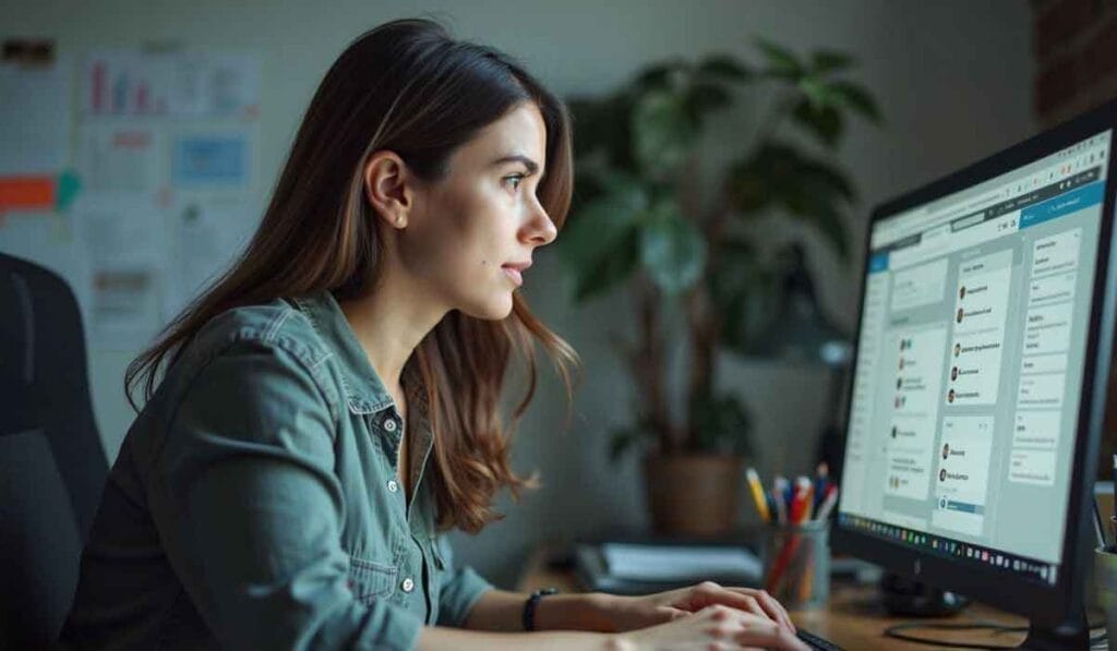 Woman concentrating on a computer screen displaying a project management tool in an office setting.