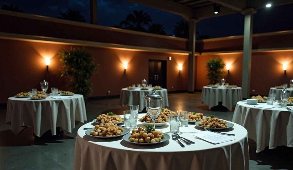 A dimly lit banquet hall with round tables set with plates of appetizers and drinks, white tablecloths, and wall sconces providing warm lighting.