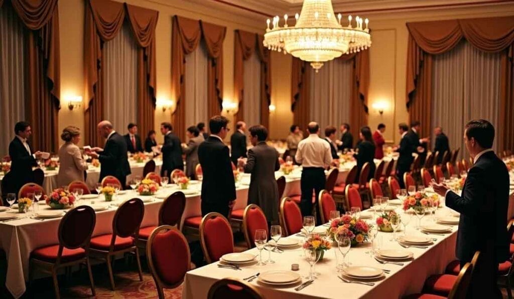 People standing around a banquet table set with flowers and dinnerware in an elegant room with chandeliers and drapes.